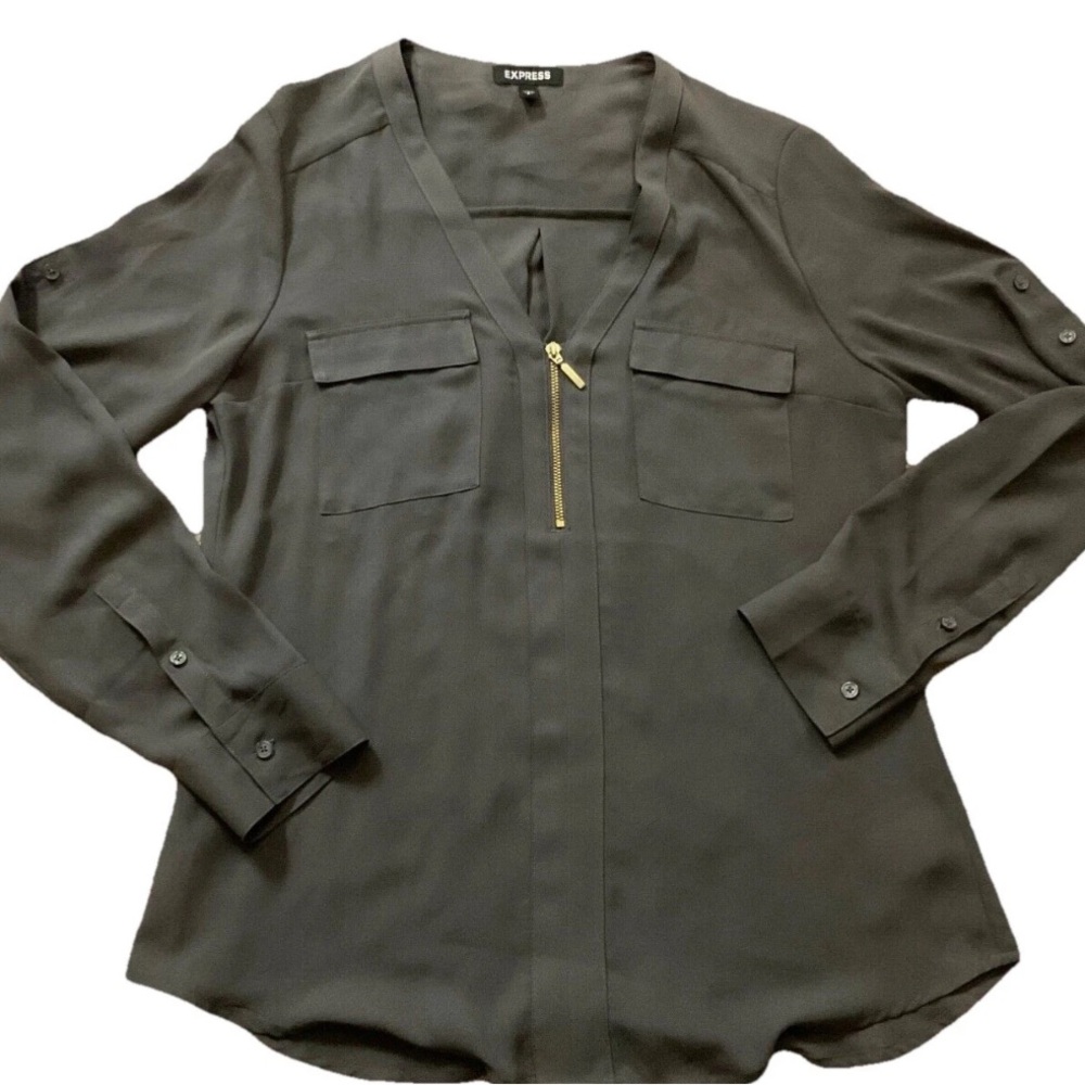 Express sheer 1/4 zip v-neck long sleeve blouse
